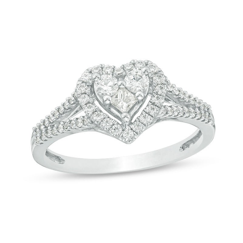 Princess-Cut and Round Diamond Heart Frame Ring