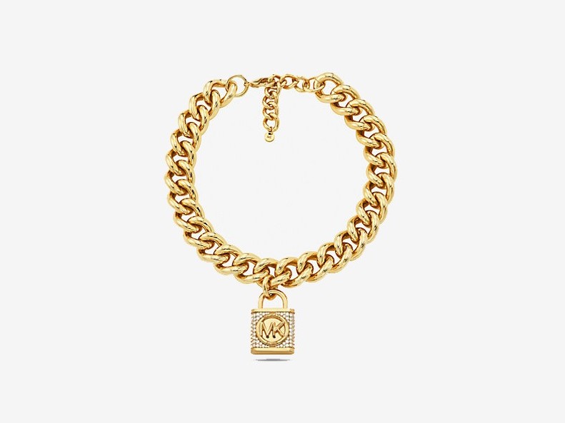 Precious Metal-Plated Brass Pavé Lock Curb Link Necklace